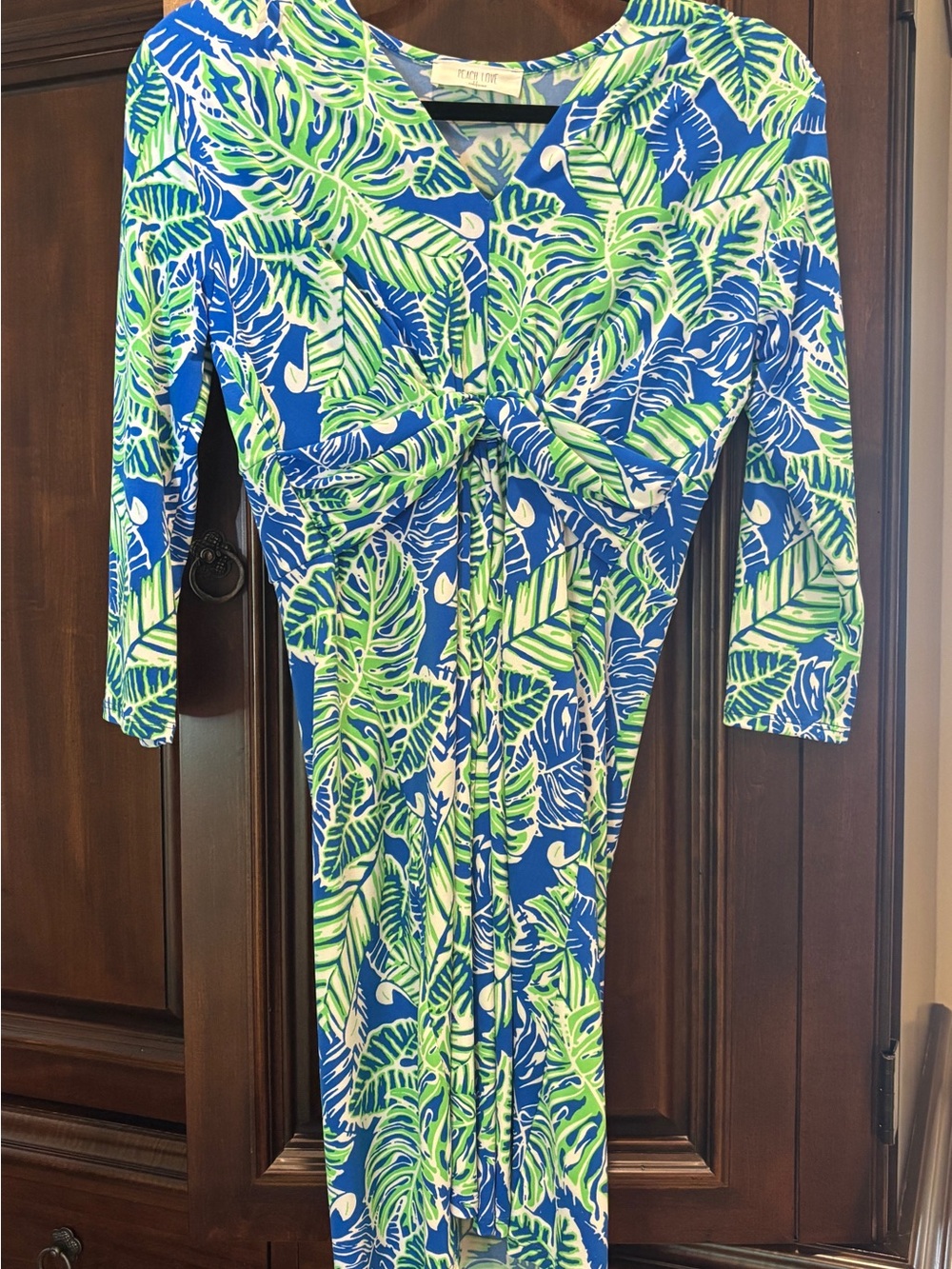 Peach Love California Blue Green Leaf-Print Midi Dress size small